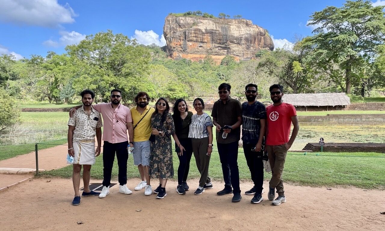 Group walking through mountain pass